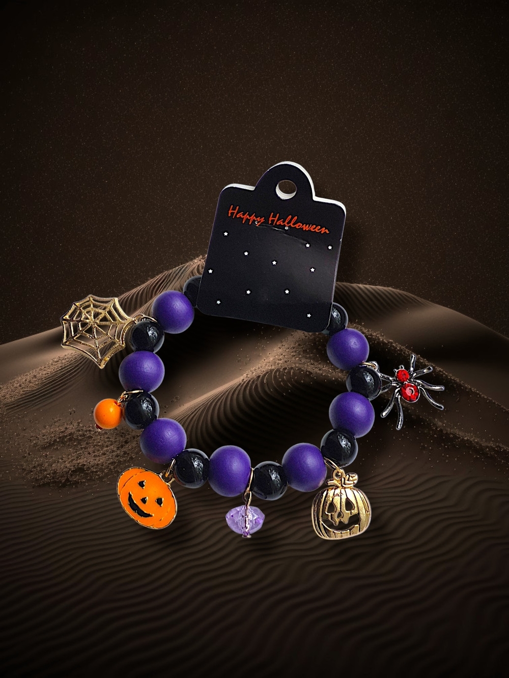 Fun & Festive Halloween Charm Beaded Bracelet - Purple & Black